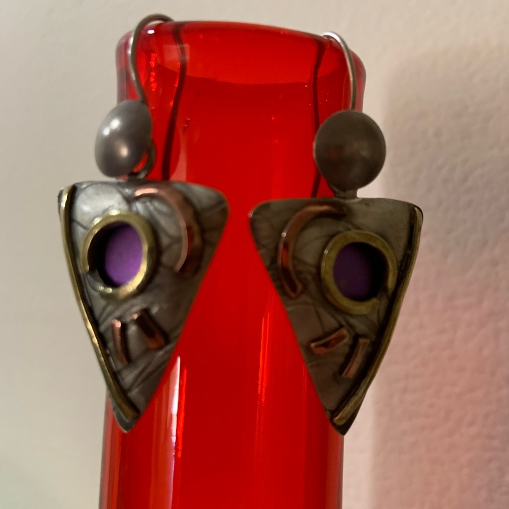 Artisan Silver and Purple Triangle Earrings